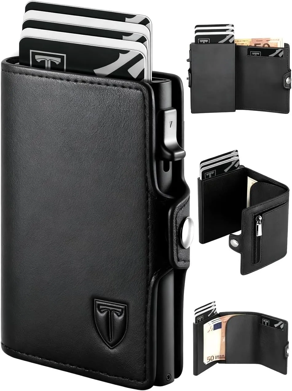 TETEON Geldbörse Herren, Slim Wallet Geldbeutel mit Münzfach &amp;amp;amp;amp; RFID Schutz, Leder Portmonee, 8 Fächer für Kreditkarten, Kartenetui Herren, Geschenke zum Vatertag - Schwarz