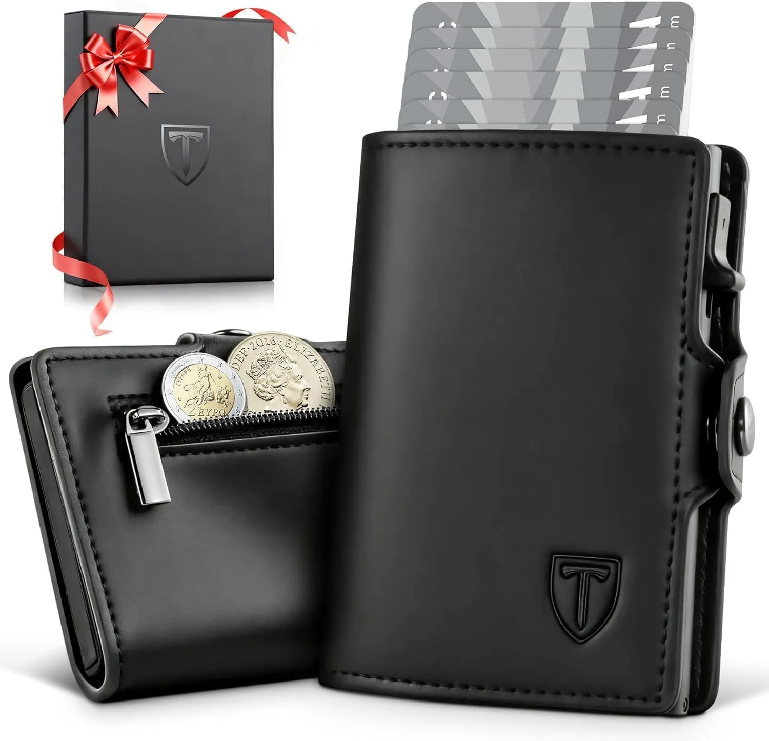 TETEON Geldbörse Herren, Slim Wallet Geldbeutel mit Münzfach &amp;amp;amp; RFID Schutz, Leder Portmonee, 8 Fächer für Kreditkarten, Kartenetui Herren, Geschenke zum Vatertag - Schwarz